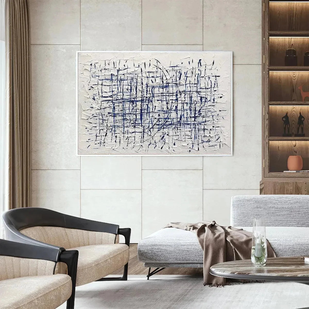 BLUE WEAVE: Textured Abstract Painting in Blue and White | rolled canvas, ready for custom framing
