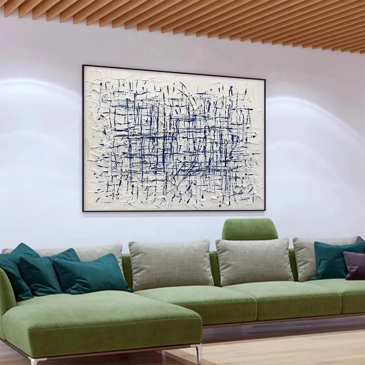 BLUE WEAVE: Textured Abstract Painting in Blue and White | black frame version on white wall