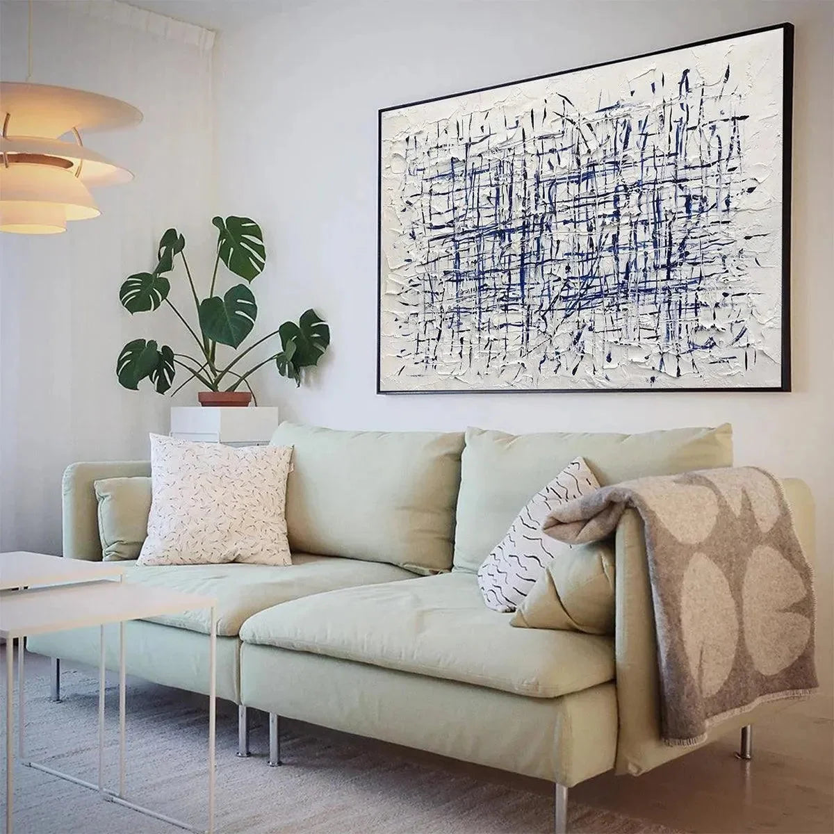 BLUE WEAVE: Textured Abstract Painting in Blue and White | abstract mood, soft natural light studio shot