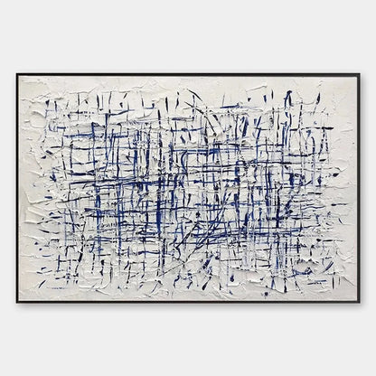 BLUE WEAVE: Textured Abstract Painting in Blue and White | hanging in living room, abstract wall art
