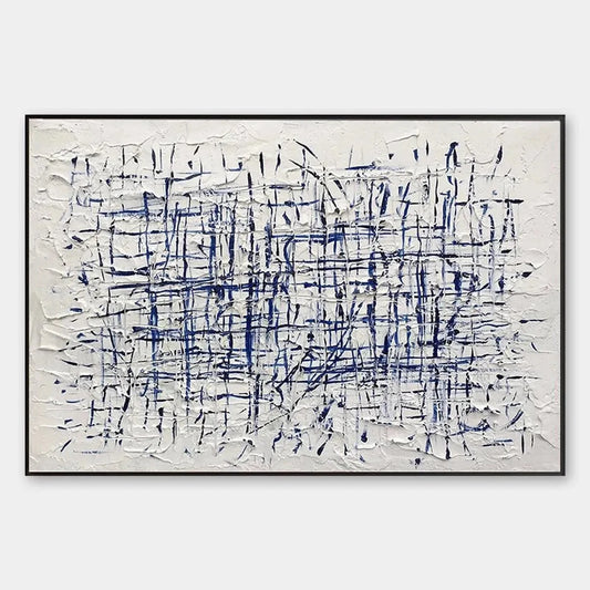 BLUE WEAVE: Textured Abstract Painting in Blue and White | hanging in living room, abstract wall art