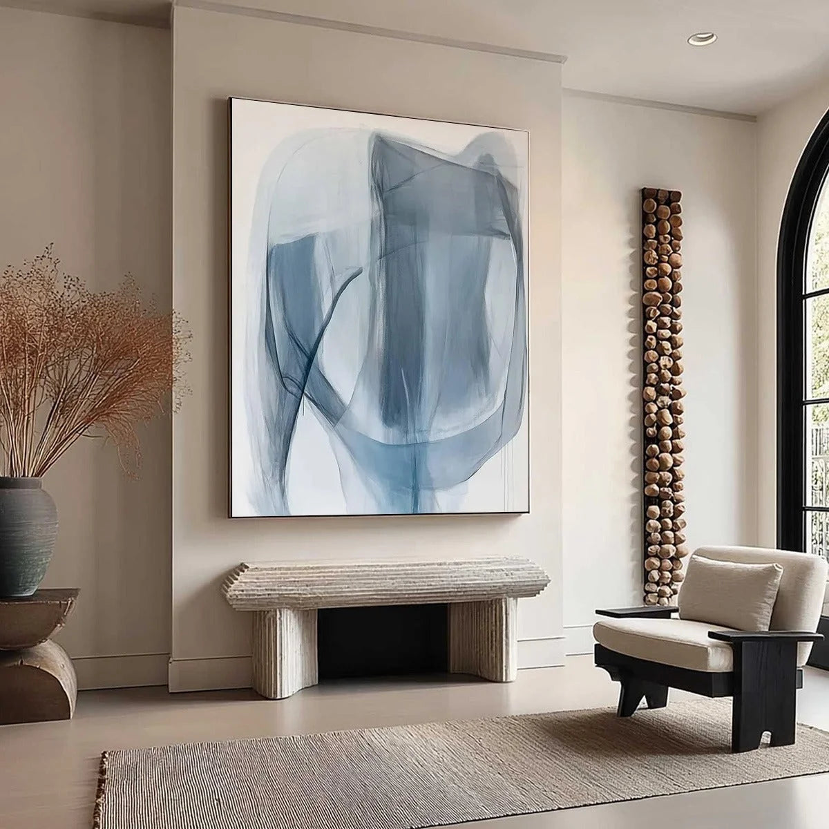 BLUE WHISPERS: Abstract Minimalist Oil Painting | gold frame stretched on neutral wall