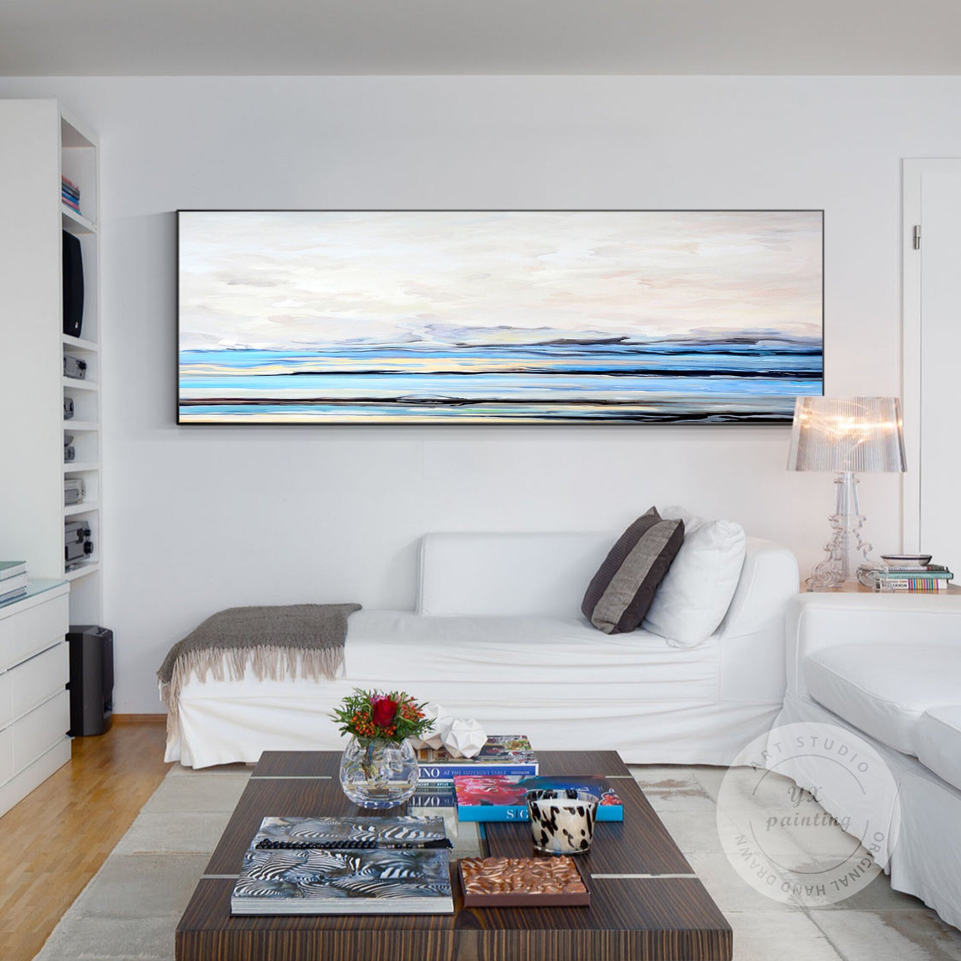 Blue White Abstract Painting: Horizontal Seascape Canvas Wall Art #4