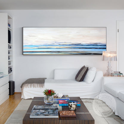 Blue White Abstract Painting: Horizontal Seascape Canvas Wall Art #4