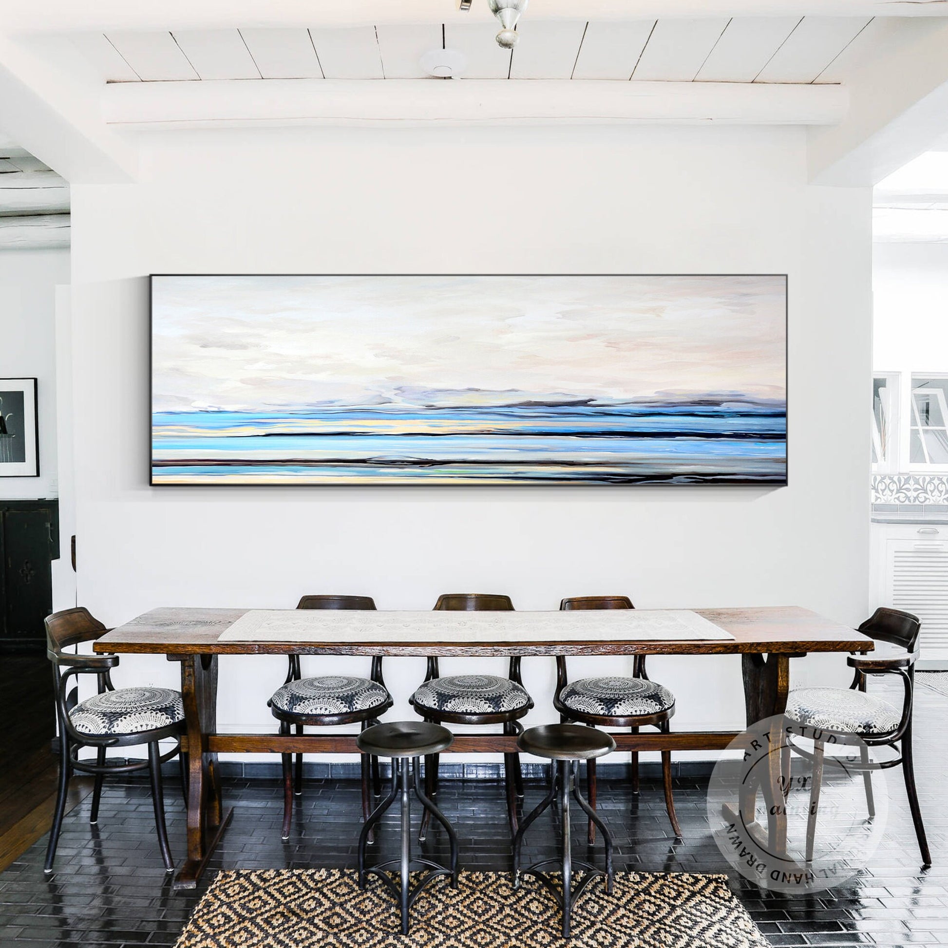 Blue White Abstract Painting: Horizontal Seascape Canvas Wall Art #5
