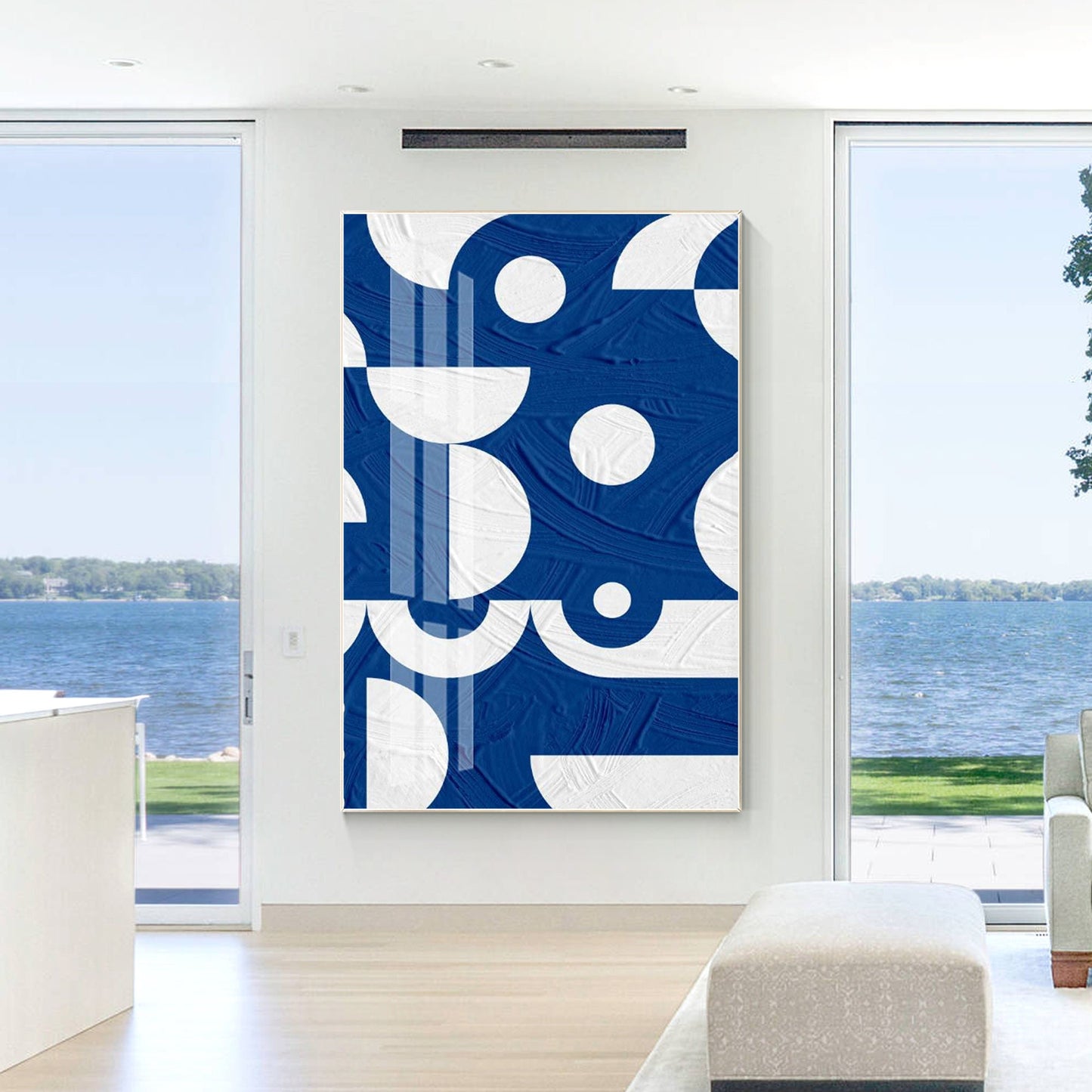 Blue White Geometric Painting on Canvas: Extra Large Minimalist Wall Art #3