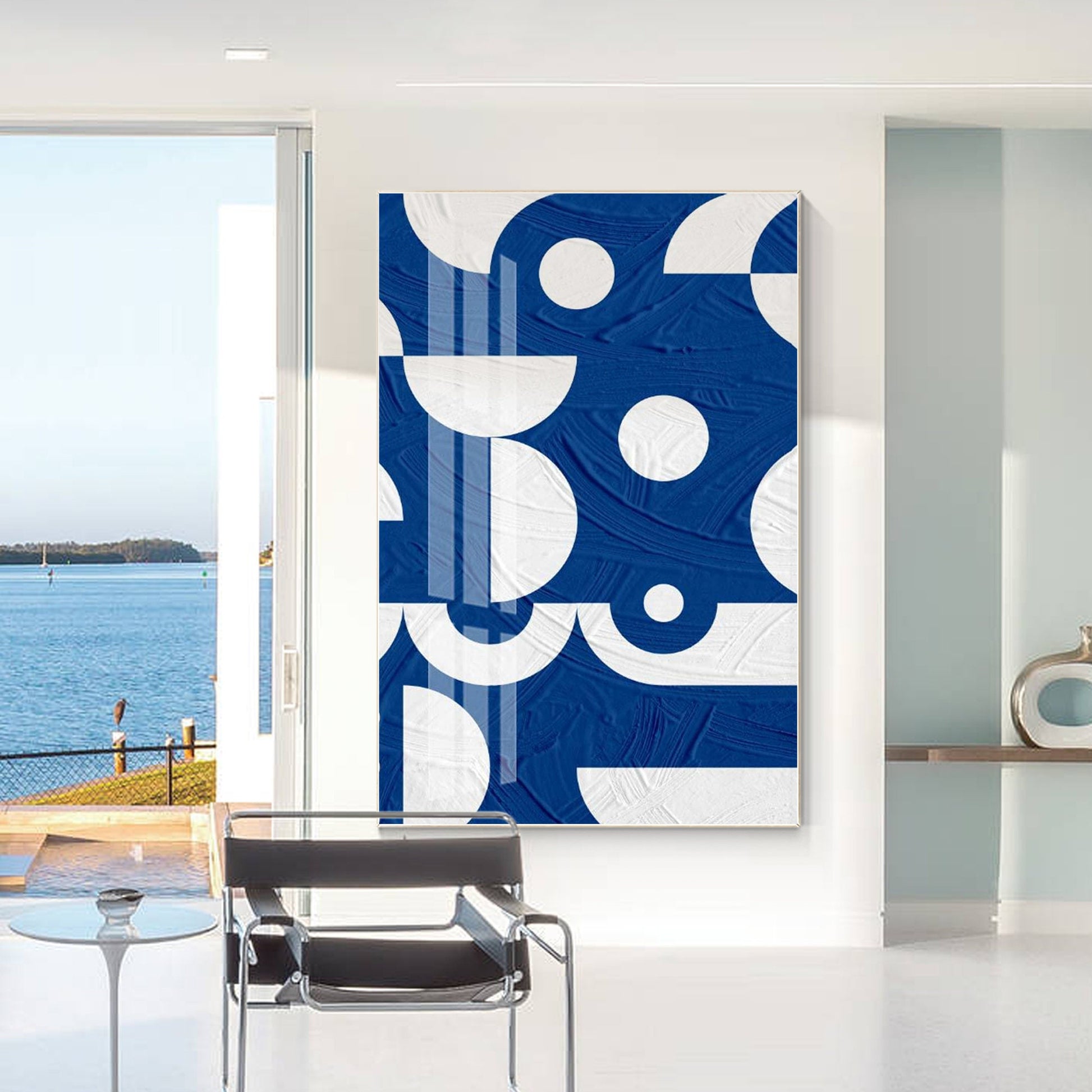 Blue White Geometric Painting on Canvas: Extra Large Minimalist Wall Art #4