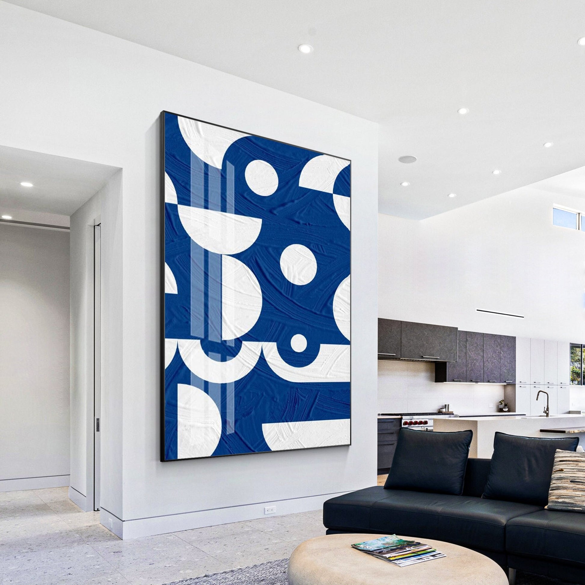 Blue White Geometric Painting on Canvas: Extra Large Minimalist Wall Art #1