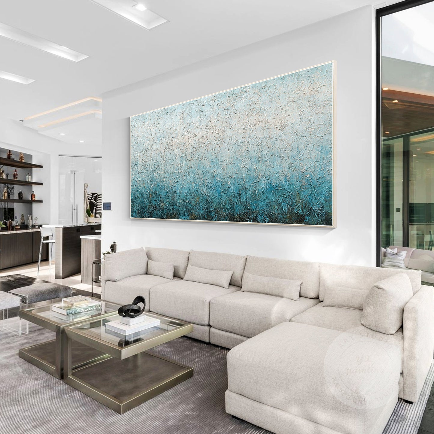 Blue White Heavy Texture Abstract Painting: Extra Large Framed Canvas Wall Art #2