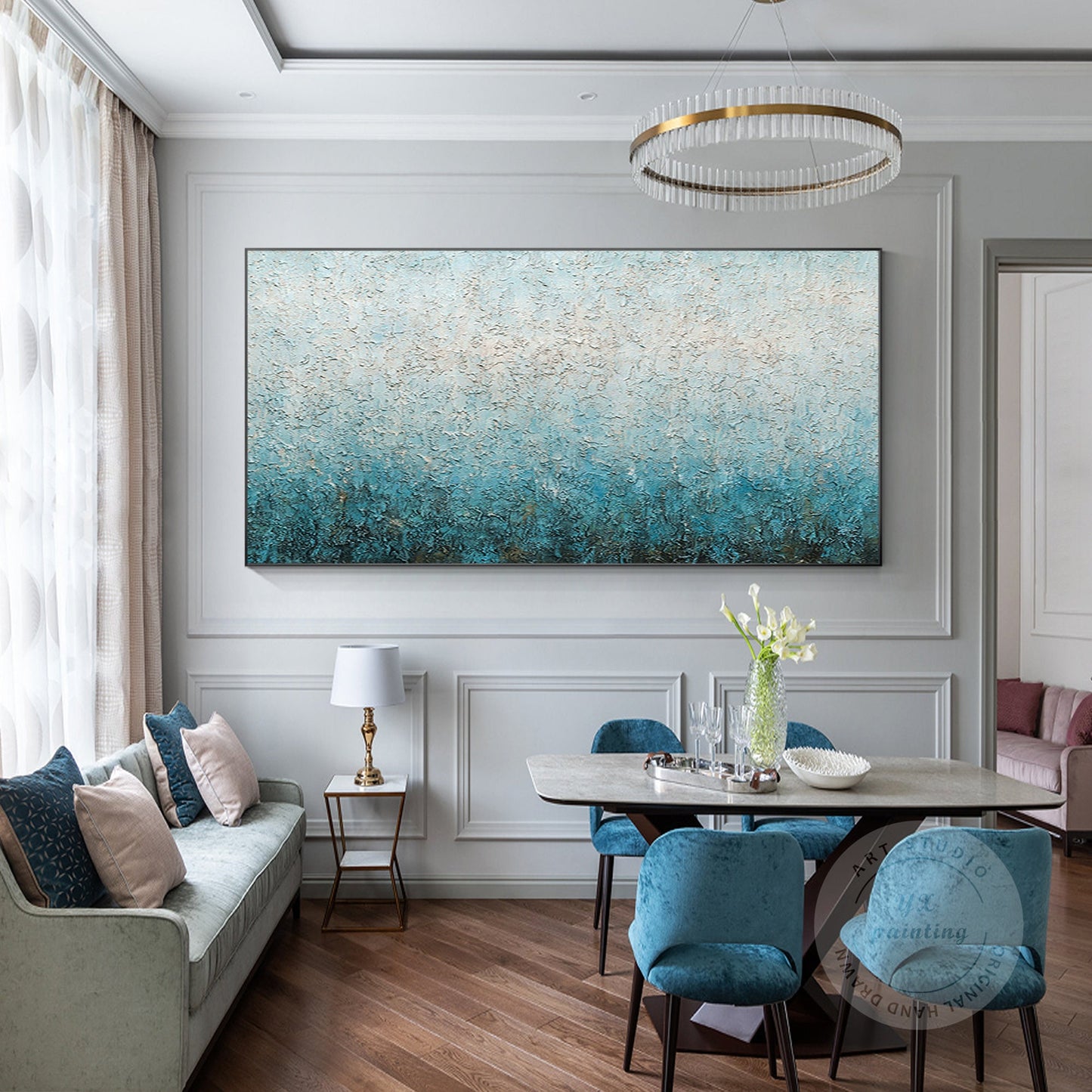 Blue White Heavy Texture Abstract Painting: Extra Large Framed Canvas Wall Art #4
