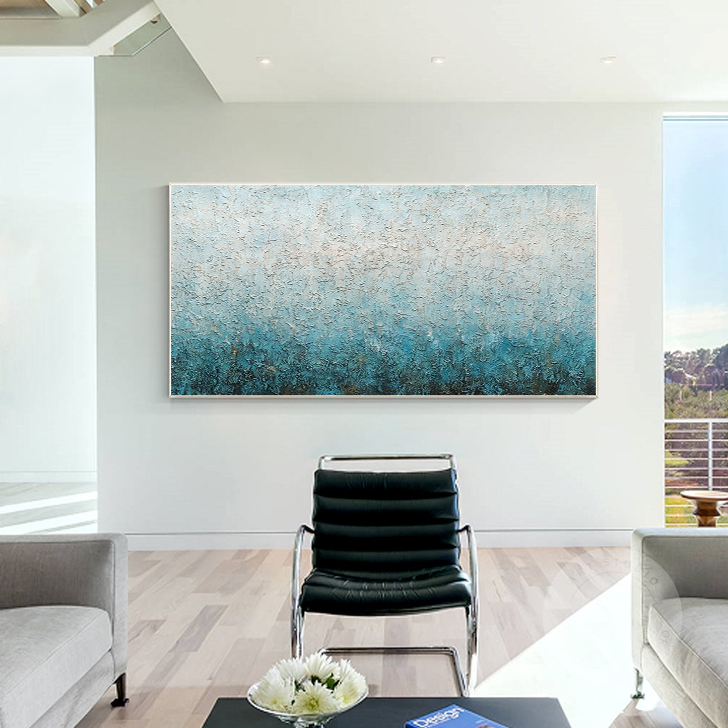 Blue White Heavy Texture Abstract Painting: Extra Large Framed Canvas Wall Art #5