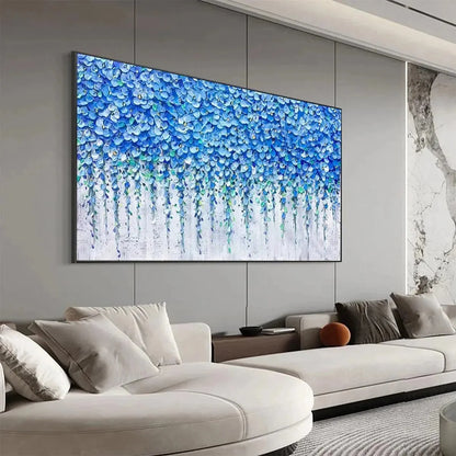 BLUE WISTERIA: Textured Impasto Blue Floral Painting | gold frame stretched on neutral wall
