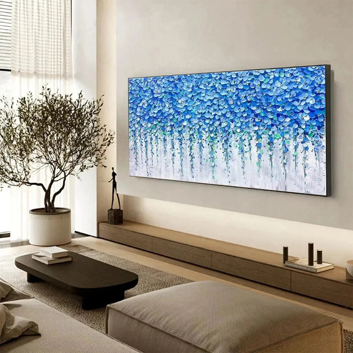 BLUE WISTERIA: Textured Impasto Blue Floral Painting | rolled canvas, ready for custom framing