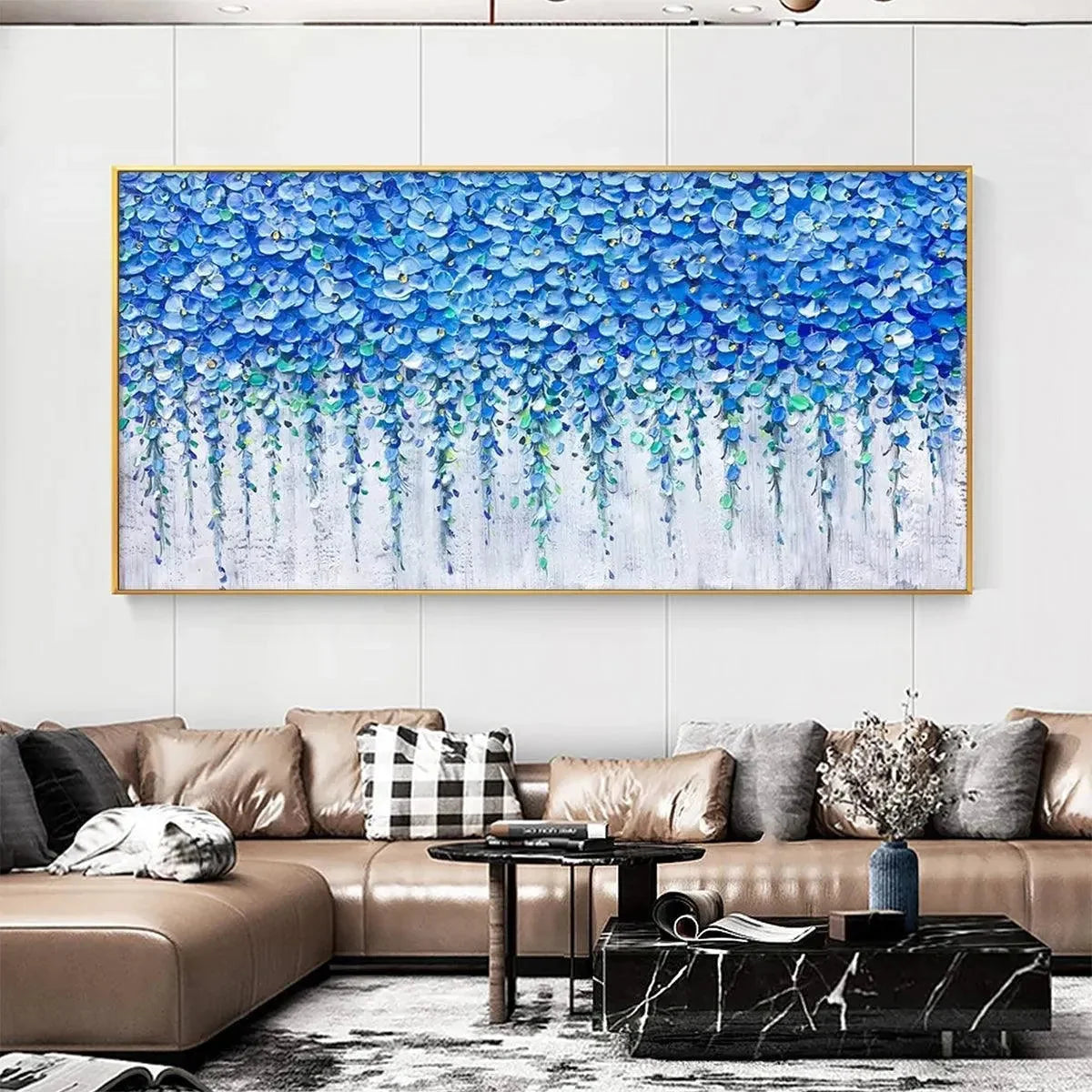 BLUE WISTERIA: Textured Impasto Blue Floral Painting | Abstract mood, soft natural light studio shot