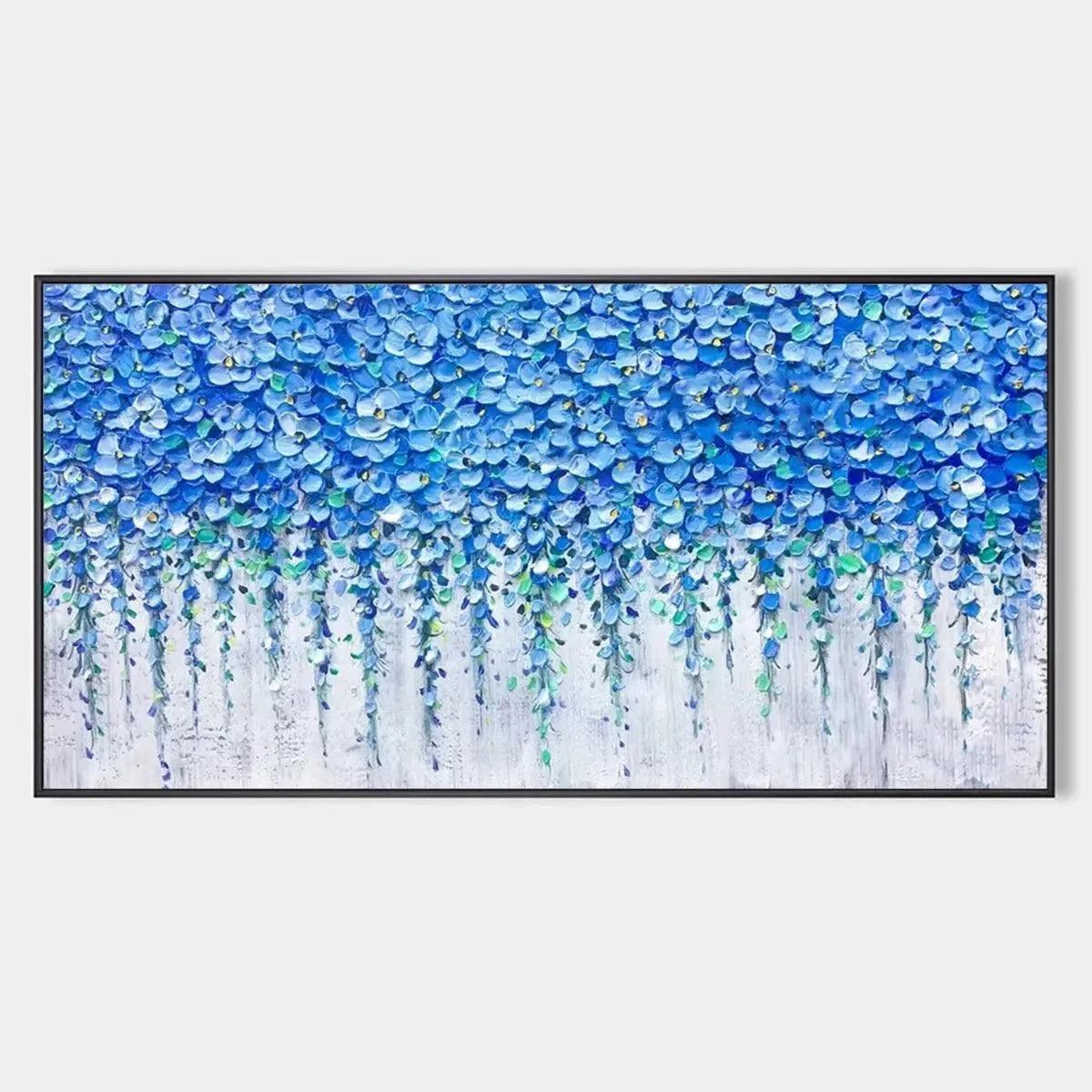 BLUE WISTERIA: Textured Impasto Blue Floral Painting | hanging in Textured impasto blue wisteria oil painting in soft blue, lavender, and white tones; rich palette-knife work captures cascading wis...