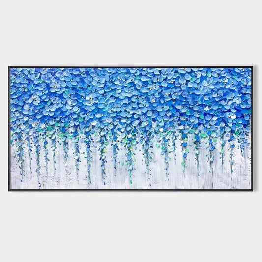 BLUE WISTERIA: Textured Impasto Blue Floral Painting | hanging in Textured impasto blue wisteria oil painting in soft blue, lavender, and white tones; rich palette-knife work captures cascading wis...