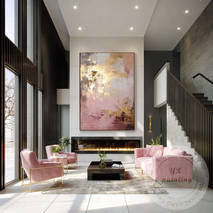 Blush Pink Abstract Painting with Gold Accents, Textured Modern Wall Decor, Neut #2