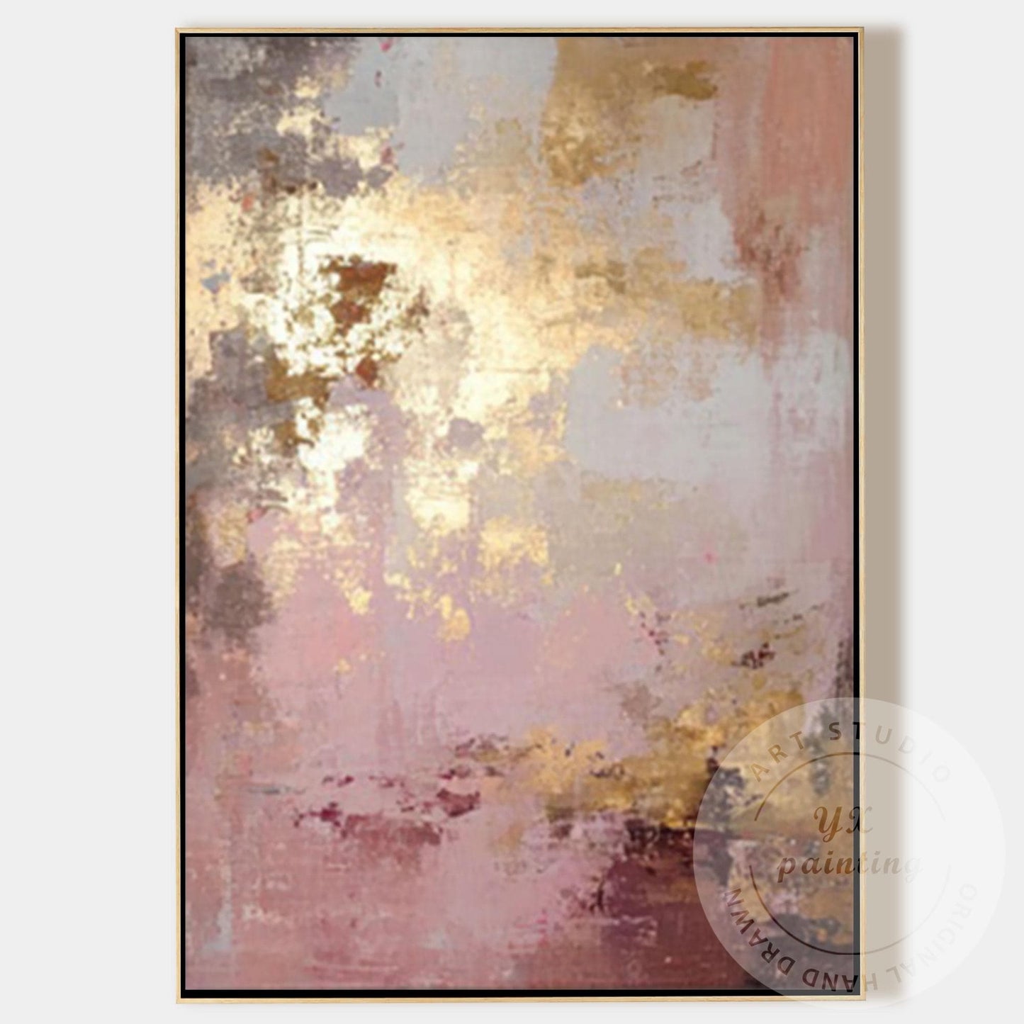 Blush Pink Abstract Painting with Gold Accents, Textured Modern Wall Decor, Neut #12
