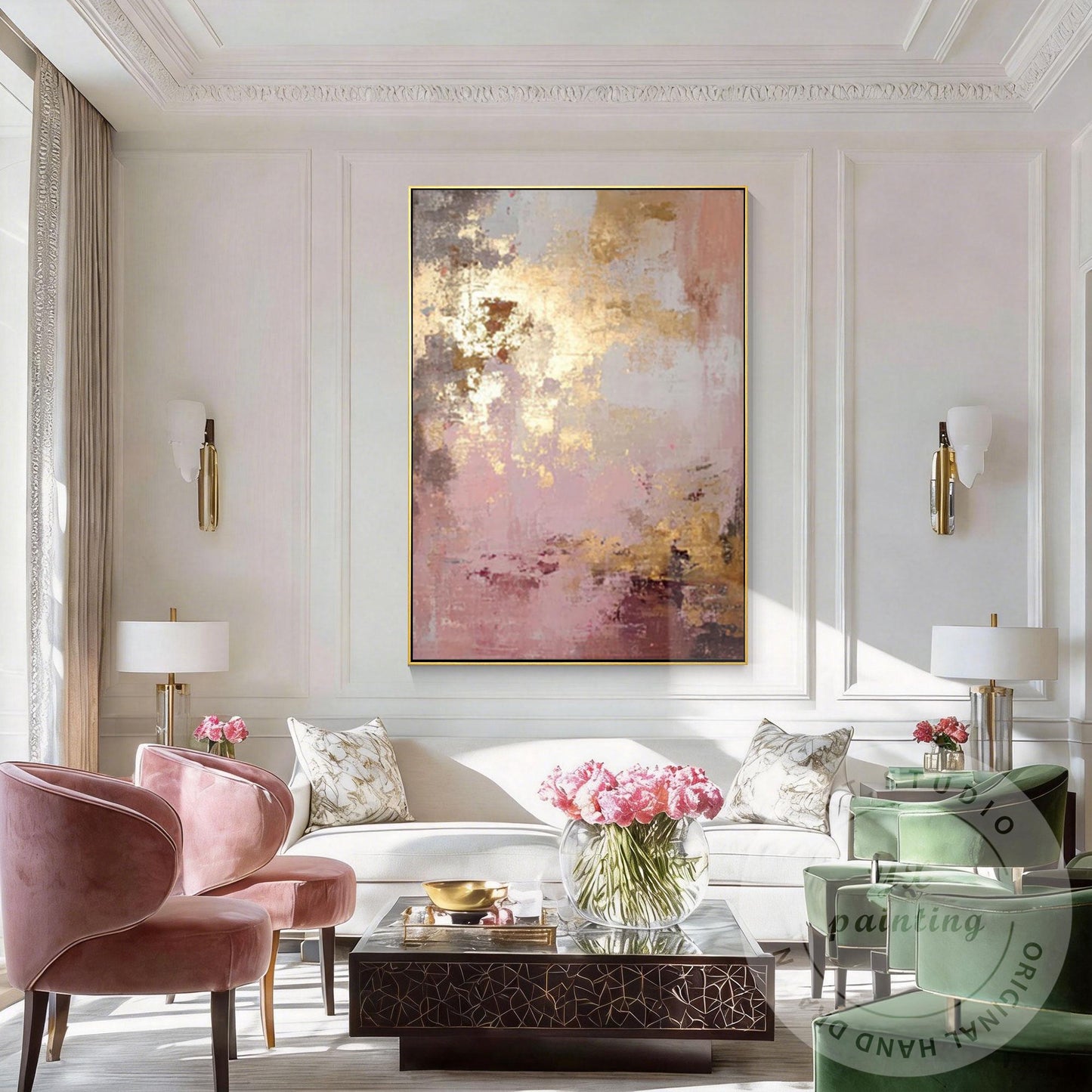 Blush Pink Abstract Painting with Gold Accents, Textured Modern Wall Decor, Neut #3