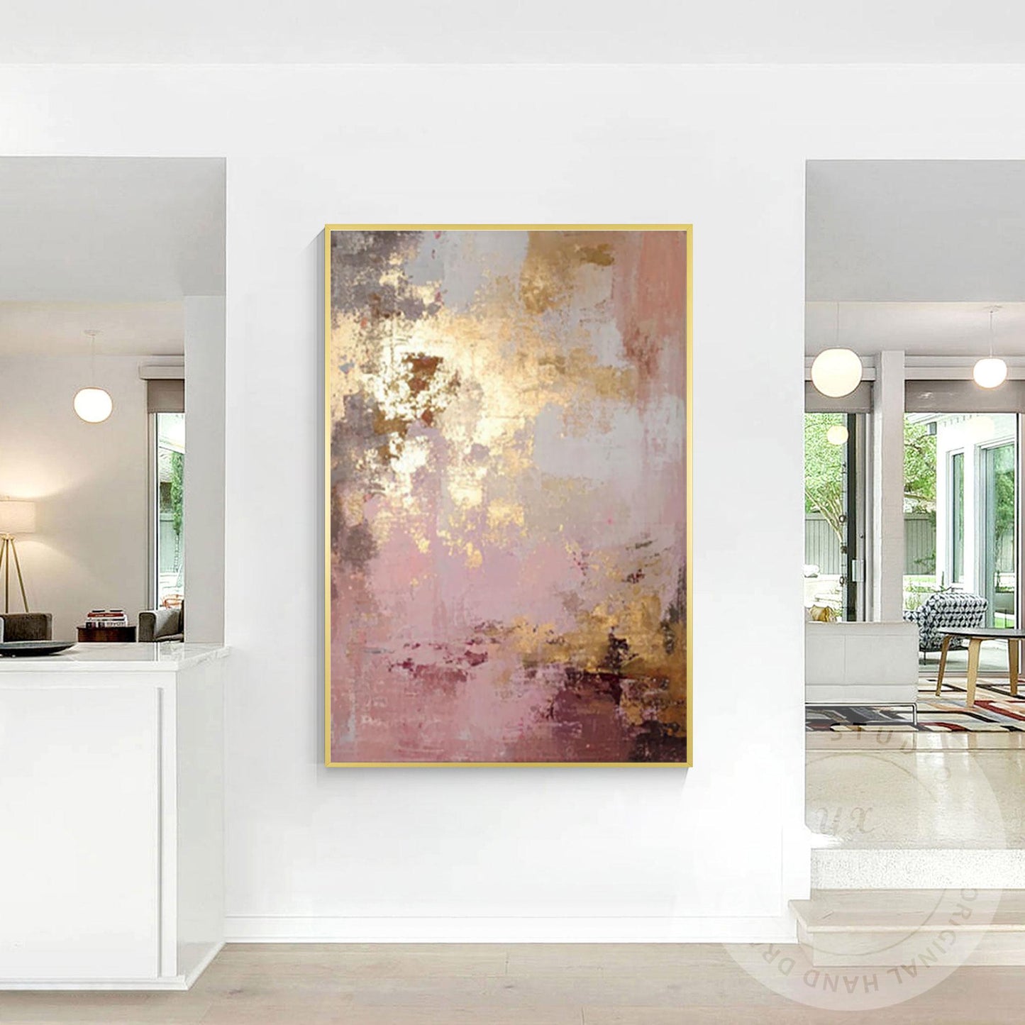 Blush Pink Abstract Painting with Gold Accents, Textured Modern Wall Decor, Neut #4