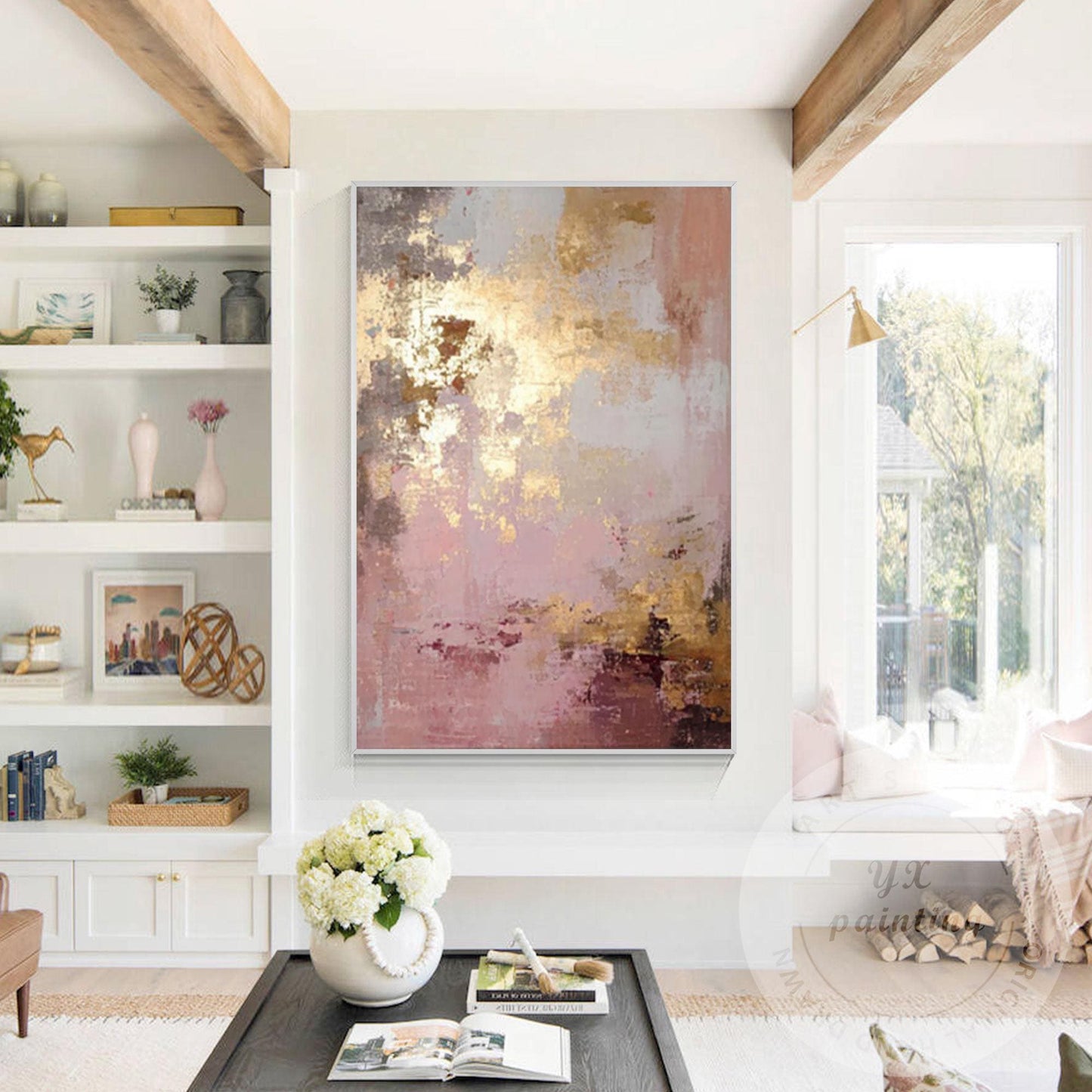 Blush Pink Abstract Painting with Gold Accents, Textured Modern Wall Decor, Neut #5
