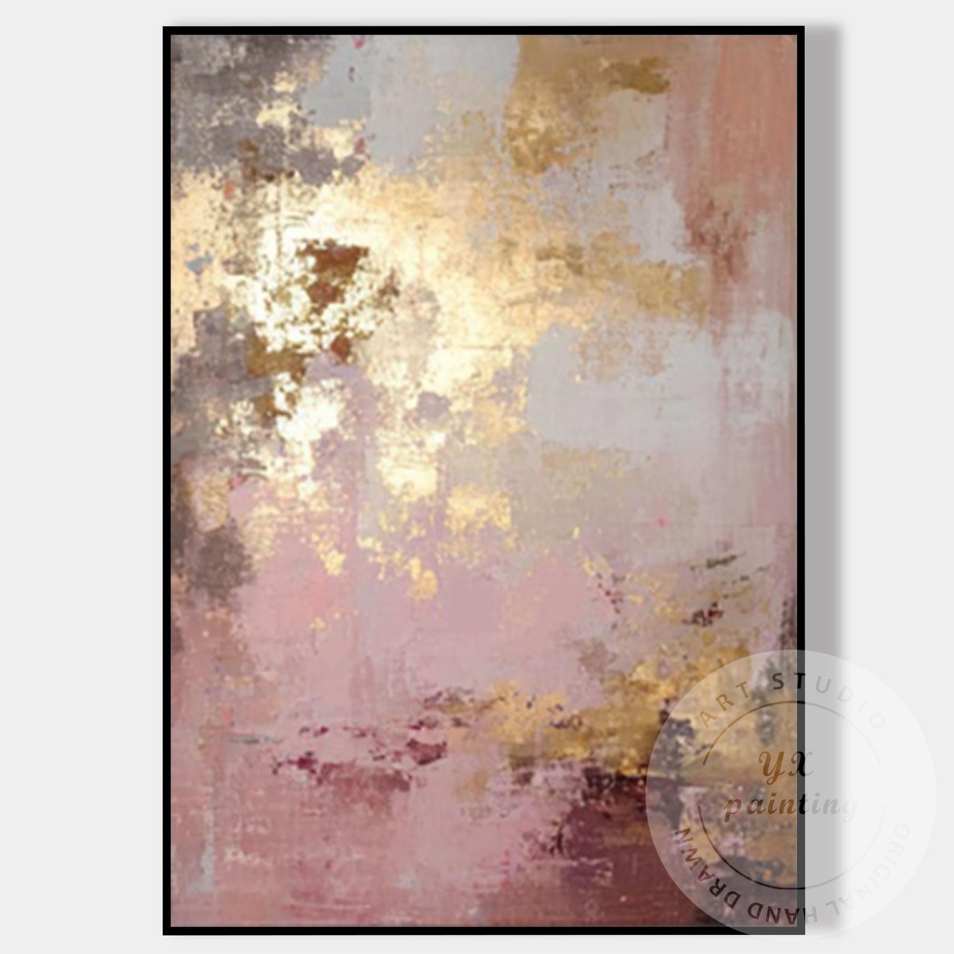 Blush Pink Abstract Painting with Gold Accents, Textured Modern Wall Decor, Neut #8
