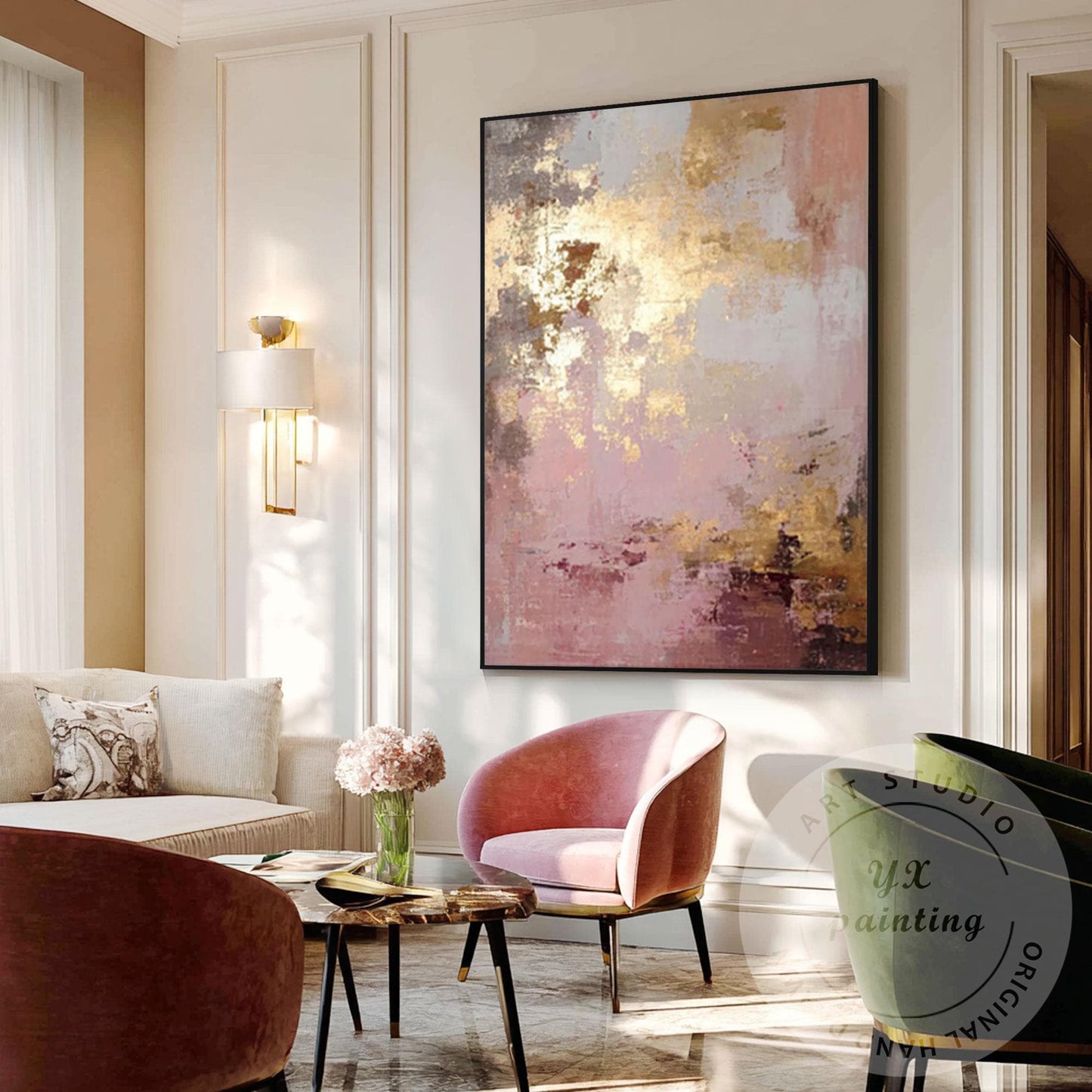 Blush Pink Abstract Painting with Gold Accents, Textured Modern Wall Decor, Neut #1