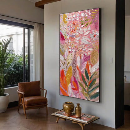 BLUSHING BLOOM: Textured Floral Impasto Oil Painting | rectangular format, hand-painted canvas edge