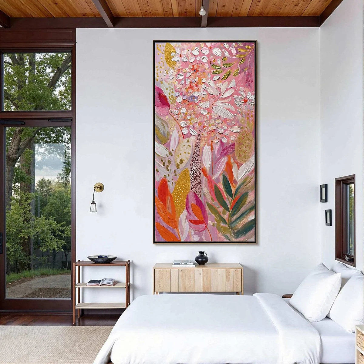 BLUSHING BLOOM: Textured Floral Impasto Oil Painting | gold frame stretched on neutral wall
