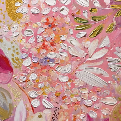 BLUSHING BLOOM: Textured Floral Impasto Oil Painting | black frame version on white wall