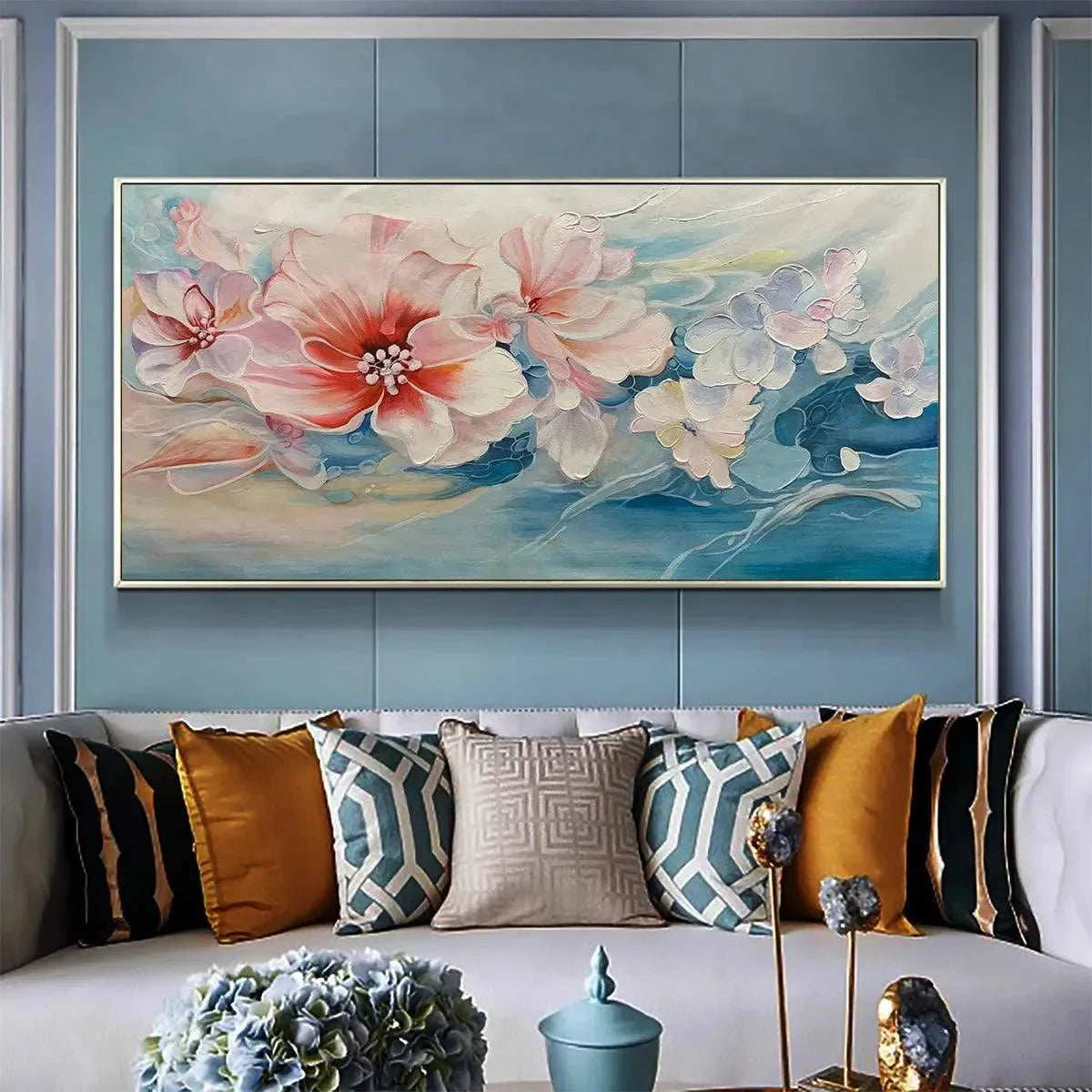 BLUSHING BLOOMS: Panoramic Floral Painting in Pink and Blue, Modern Impressionist Wall Art | Abstract closeup, raised brushwork detail