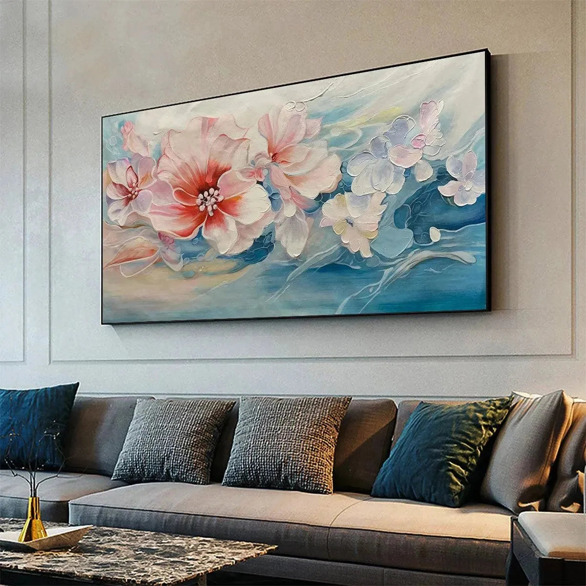 BLUSHING BLOOMS: Panoramic Floral Painting in Pink and Blue, Modern Impressionist Wall Art | gold frame stretched on neutral wall