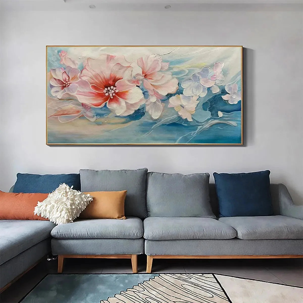 BLUSHING BLOOMS: Panoramic Floral Painting in Pink and Blue, Modern Impressionist Wall Art | rolled canvas, ready for custom framing