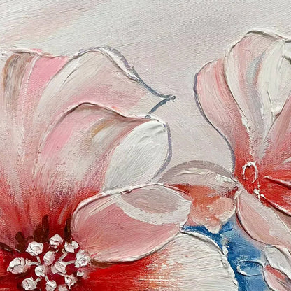 BLUSHING BLOOMS: Panoramic Floral Painting in Pink and Blue, Modern Impressionist Wall Art | black frame version on white wall