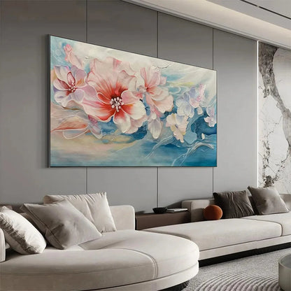 BLUSHING BLOOMS: Panoramic Floral Painting in Pink and Blue, Modern Impressionist Wall Art | Abstract mood, soft natural light studio shot