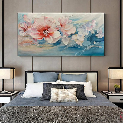 BLUSHING BLOOMS: Panoramic Floral Painting in Pink and Blue, Modern Impressionist Wall Art | beige palette, original Hand-painted on wide stretched canvas with artist-grade oils; rich layered surfa...
