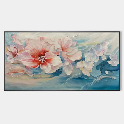 BLUSHING BLOOMS: Panoramic Floral Painting in Pink and Blue, Modern Impressionist Wall Art | hanging in Panoramic floral oil painting in soft pink, blue, and cream tones; impressionist-inspired com...