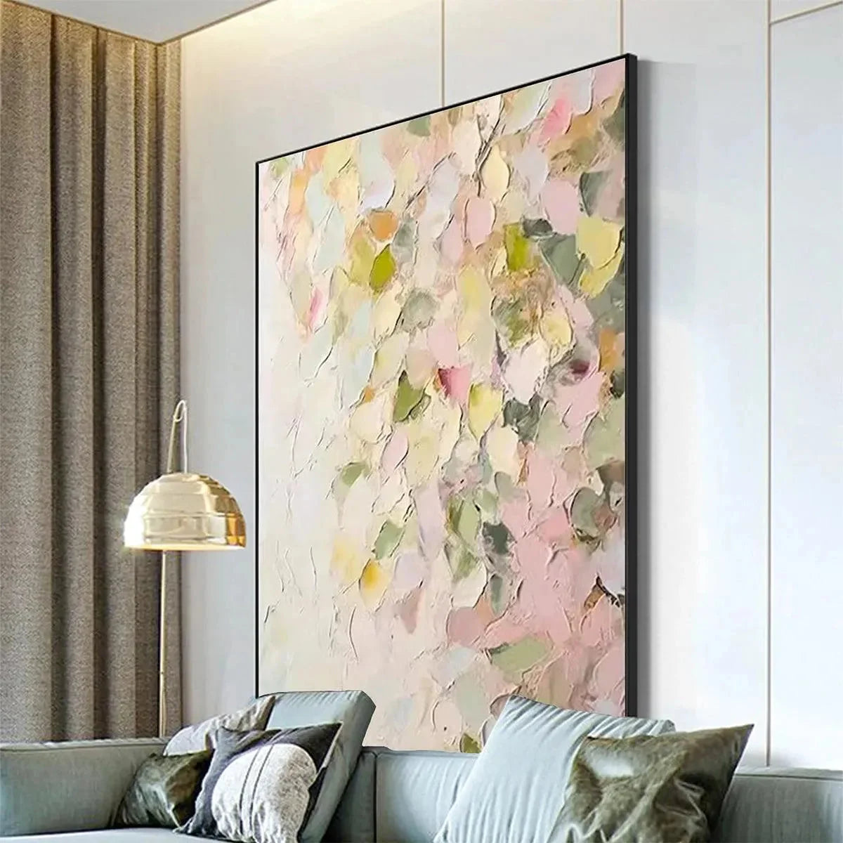 BLUSHING BLOOMS: Textured Abstract Floral Painting, Pastel Pink and Green Wall Art, Vertical Canvas, Impasto Decor | Abstract closeup, raised brushwork detail