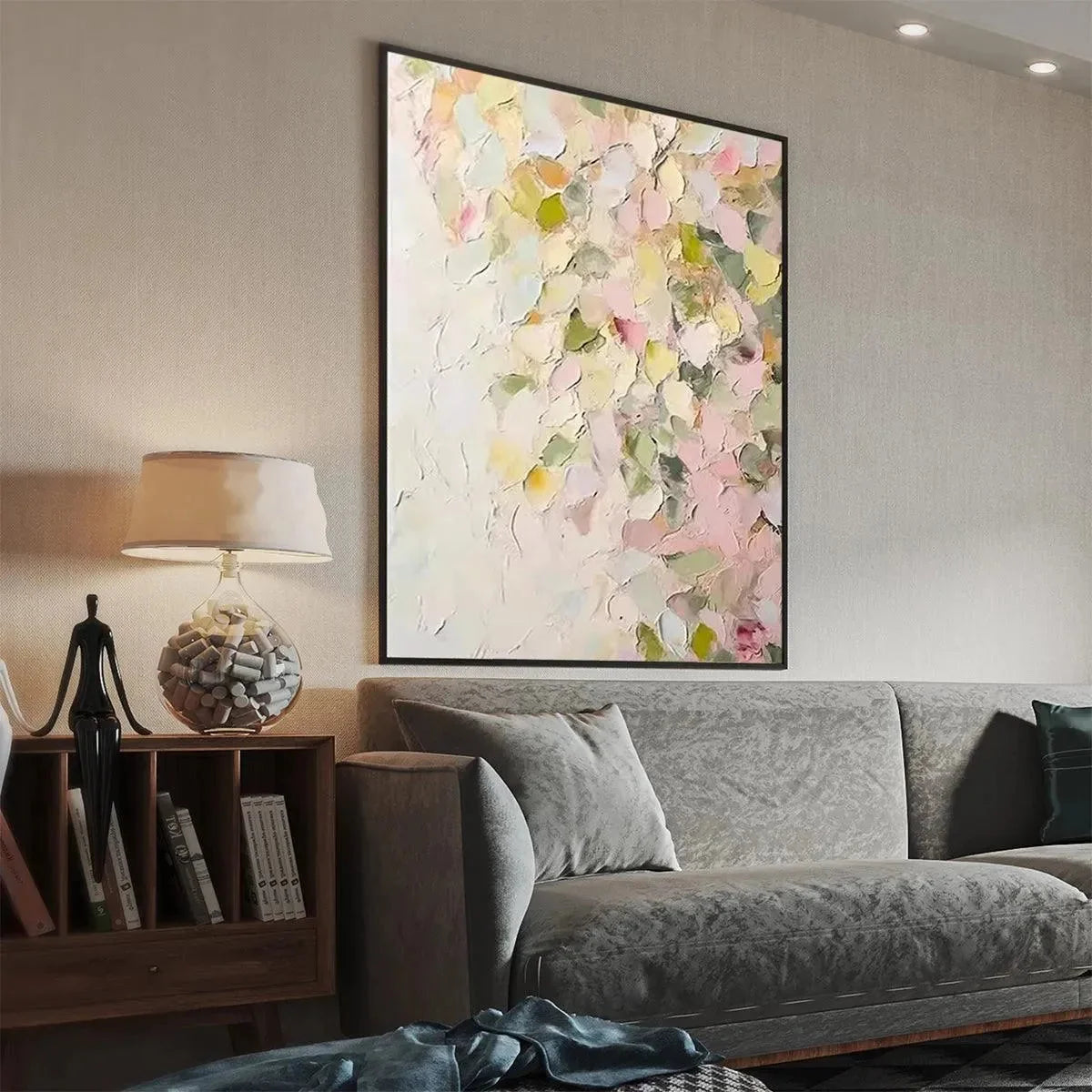 BLUSHING BLOOMS: Textured Abstract Floral Painting, Pastel Pink and Green Wall Art, Vertical Canvas, Impasto Decor | gold frame stretched on neutral wall
