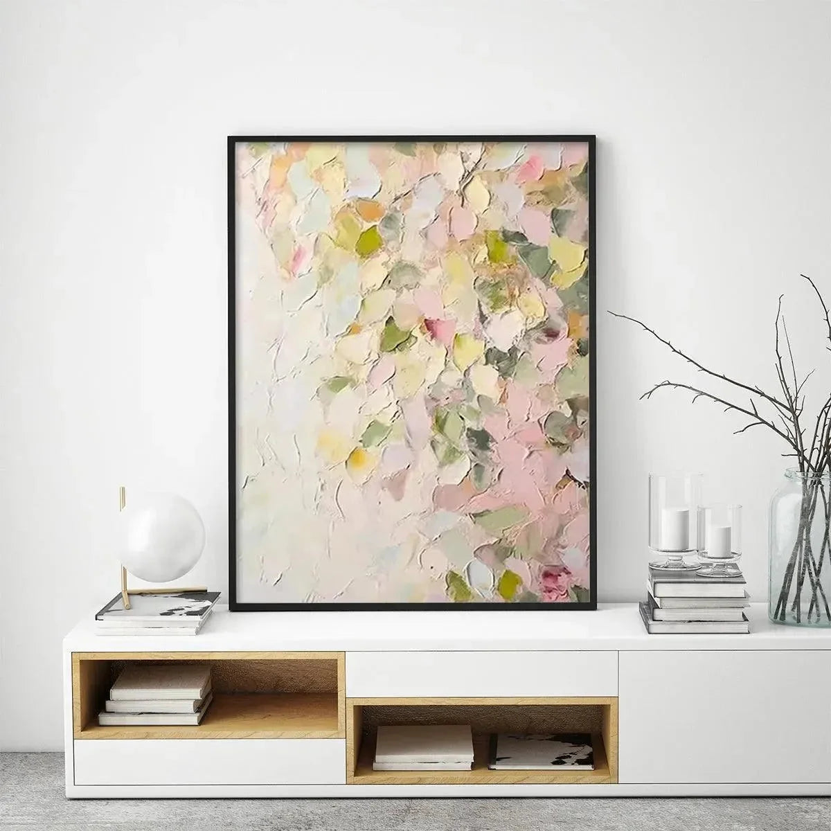 BLUSHING BLOOMS: Textured Abstract Floral Painting, Pastel Pink and Green Wall Art, Vertical Canvas, Impasto Decor | rolled canvas, ready for custom framing