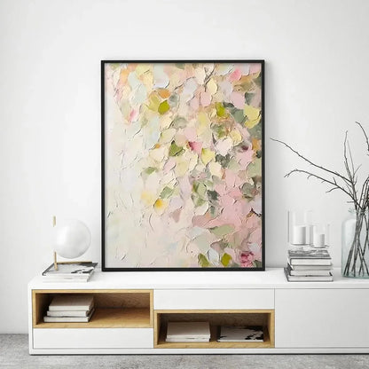 BLUSHING BLOOMS: Textured Abstract Floral Painting, Pastel Pink and Green Wall Art, Vertical Canvas, Impasto Decor | rolled canvas, ready for custom framing