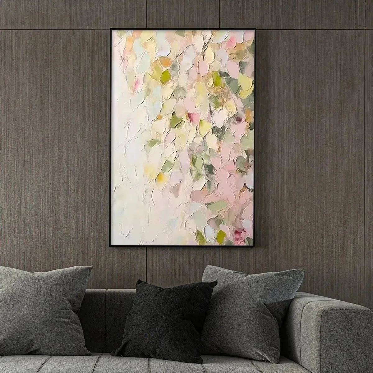 BLUSHING BLOOMS: Textured Abstract Floral Painting, Pastel Pink and Green Wall Art, Vertical Canvas, Impasto Decor | Abstract mood, soft natural light studio shot