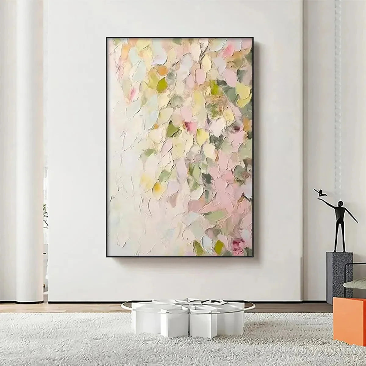 BLUSHING BLOOMS: Textured Abstract Floral Painting, Pastel Pink and Green Wall Art, Vertical Canvas, Impasto Decor | beige palette, original Hand-painted on vertical stretched canvas with artist-gr...