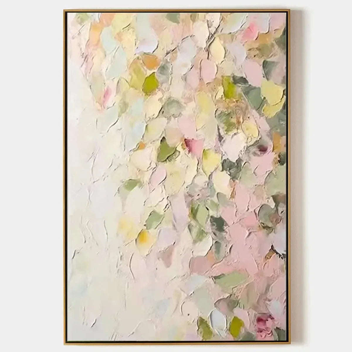 BLUSHING BLOOMS: Textured Abstract Floral Painting, Pastel Pink and Green Wall Art, Vertical Canvas, Impasto Decor | hanging in Textured abstract floral oil painting in soft pastel pink and green t...