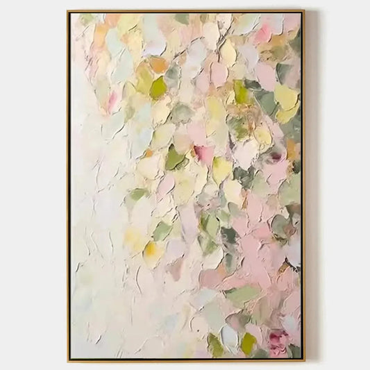 BLUSHING BLOOMS: Textured Abstract Floral Painting, Pastel Pink and Green Wall Art, Vertical Canvas, Impasto Decor | hanging in Textured abstract floral oil painting in soft pastel pink and green t...