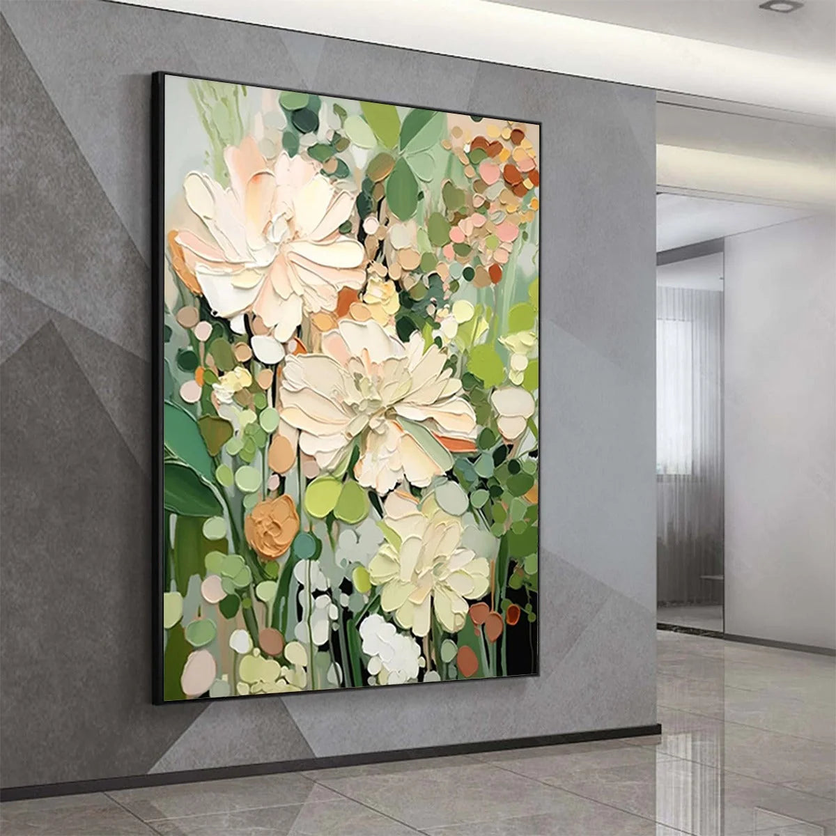 BLUSHING BLOOMS: Textured Floral Painting, Impasto Palette Knife, Vertical Canvas, Modern Floral Wall Art | gold frame stretched on neutral wall
