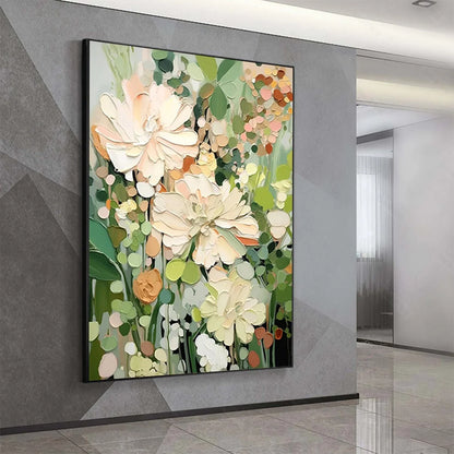 BLUSHING BLOOMS: Textured Floral Painting, Impasto Palette Knife, Vertical Canvas, Modern Floral Wall Art | gold frame stretched on neutral wall