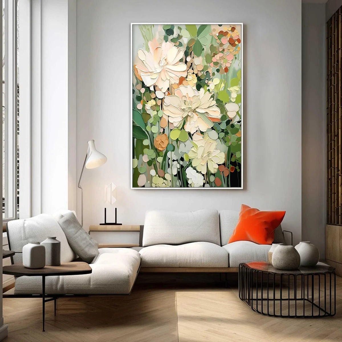 BLUSHING BLOOMS: Textured Floral Painting, Impasto Palette Knife, Vertical Canvas, Modern Floral Wall Art | Abstract mood, soft natural light studio shot