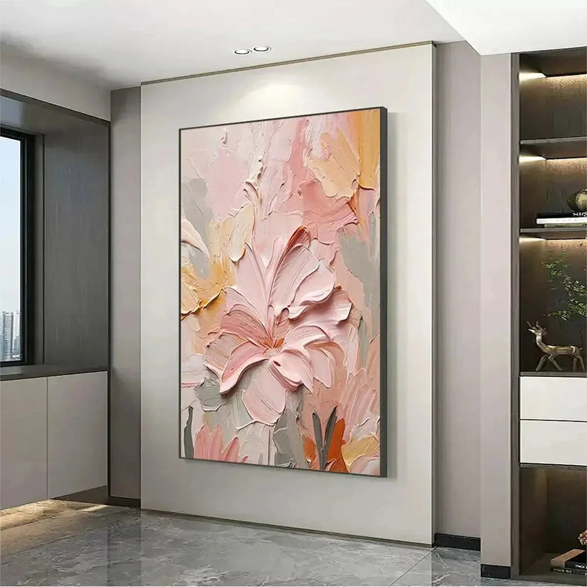BLUSHING BLOOMS: Textured Floral Painting, Pink and Coral | gold frame stretched on neutral wall