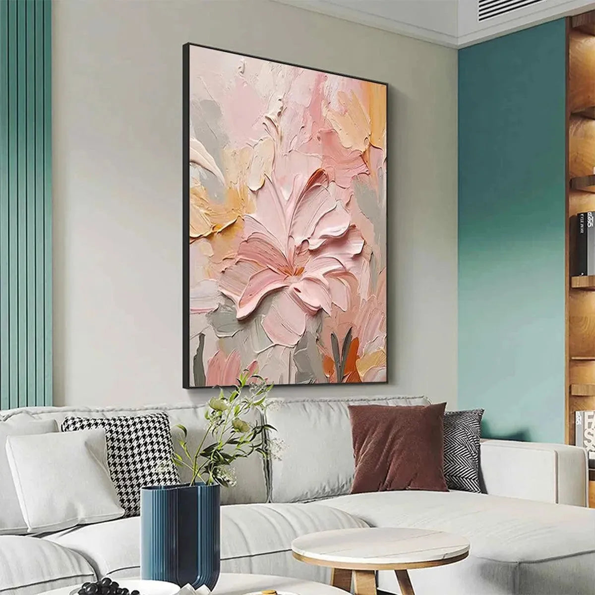 BLUSHING BLOOMS: Textured Floral Painting, Pink and Coral | rolled canvas, ready for custom framing